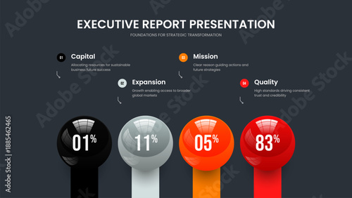 Modern Plan Four Option Infographic Slide Design. Sales Analysis 4 Element Diagram Slideshow Layout. Product Profile Presentation Template Vector Illustration.