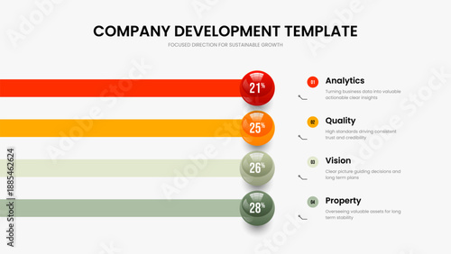 Company Strategy Four Option Chart Slide Design. Marketing Proposal 4 Element Graph Frame Layout. Corporate Development Presentation Template Vector Illustration.