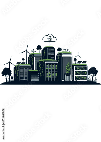 Bio-Integrated Data Center Silhouette, Eco-Friendly Cloud Computing, Sustainable Technology and Digital Infrastructure Vector Graphic