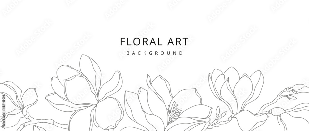 Obraz premium Floral background with a magnolia blossom frame in a line art style. Hand drawn flower border. Vector illustration for card, banner, print, cover, wedding invitation, packaging