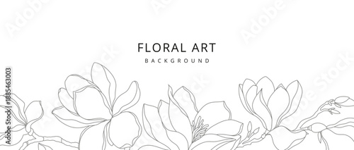 Floral background with a magnolia blossom frame in a line art style. Hand drawn flower border. Vector illustration for card, banner, print, cover, wedding invitation, packaging