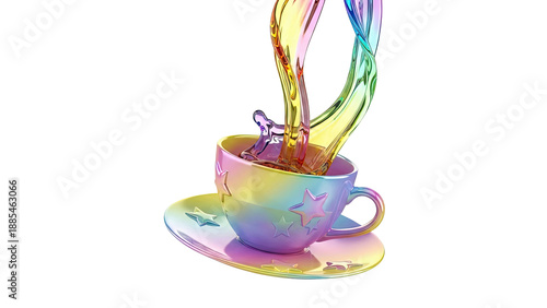 Rainbow Liquid Pouring into Star-Embellished Cup and Saucer