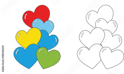Cute cartoon hearts stack with black and white outline for coloring book page. Vector illustration of colorful love symbols for kids education, activity or Valentine's Day design element.