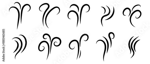 Smoke and steam icon set in vector style. Hot vapor, aroma, smell, and heat line icons with fire, coffee, fragrance, and flame elements. Simple doodle outline vector illustration.
