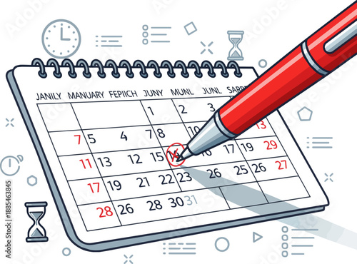 Create a realistic Concept of important day, reminder, organizing time and schedule - red pen marking day of the month on a calendar vector art with white background.