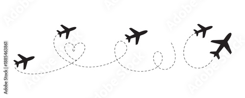Set of airplane silhouettes with heart-shaped and looped dotted flight paths