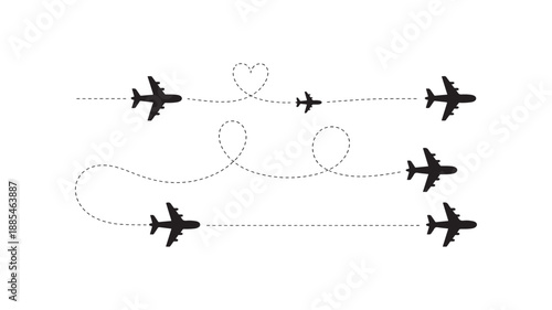 Airplane Flight Path and Route Vector Set. Plane Silhouette with Dotted Line Trails, Heart Shape, and Loops.