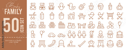 Baby, Kids, and Family Line Icons Set. Cute Childhood, Toys, and Parenting Vector Collection.