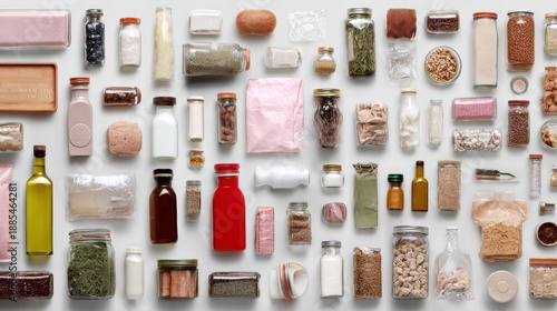 Flat lay of various skincare wellness food and apothecary products for natural health lifestyle branding photography concept