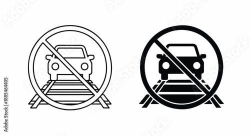 Two black and white icons depicting a car on train tracks with a prohibition sign, on a plain background.