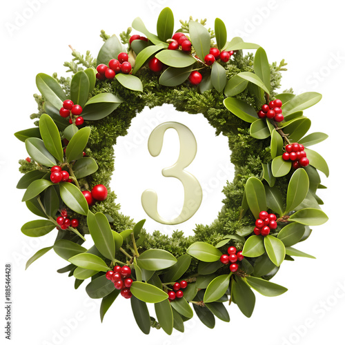 Christmas Wreath with Number Three Festive Holiday Decoration