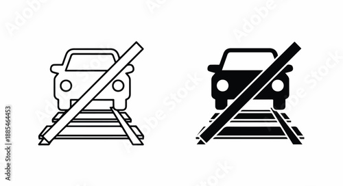 Graphic illustration of two cars on railroad tracks with a diagonal prohibition sign, one in black and white outline on a clean white background.