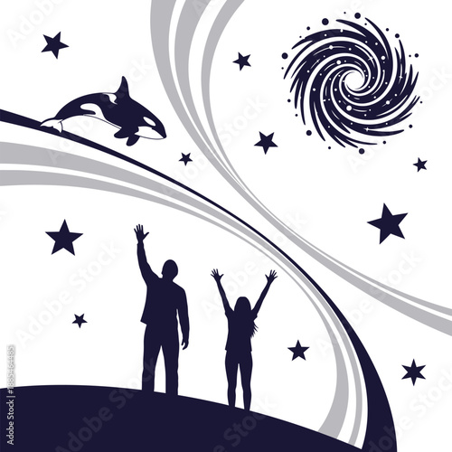 People Watching Galaxy Night Sky Vector