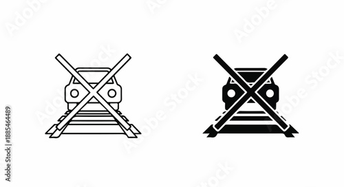 Two black and white railroad crossing signs with an X marked through them on a plain white background.