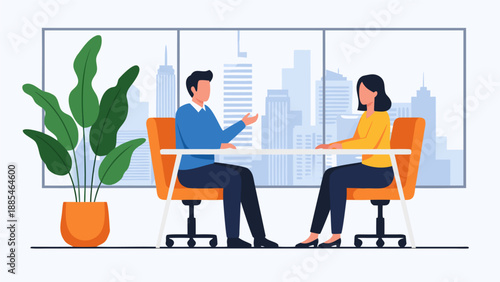 Vector illustration of two professionals having a discussion in a modern office with a cityscape view, referencing 200.eps