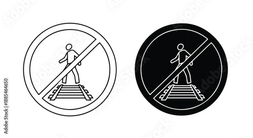 Two black and white icons depicting a person walking up stairs with a diagonal prohibition sign, on a white background.