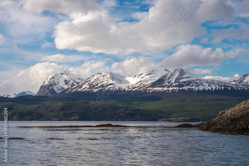 Mountain and nature scenery in Ushuaia, with Monte Olivia, a sky with clouds and the Beagle Channel, Argentina