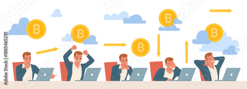 Businessman at laptop showing different emotional reactions to bitcoin price changes, with bitcoin coins and arrows, isolated on white background vector illustration