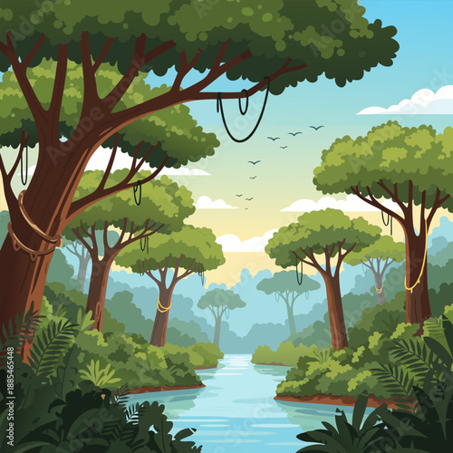 A serene vector illustration of a tranquil forest landscape with trees, river, and wildlife at dusk, viewed from a distant vantage point, 204.eps