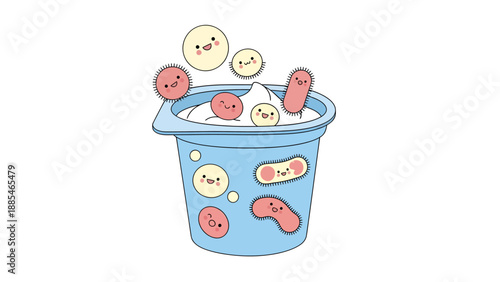 A fun container of yogurt filled with smiling, diverse bacteria and microbes, promoting the benefits of fermented foods and gut health.