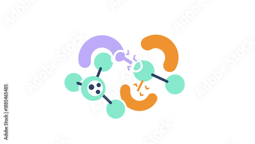 Abstract molecular interaction with interlocking shapes and connecting points, representing chemistry, science, and complex relationships.