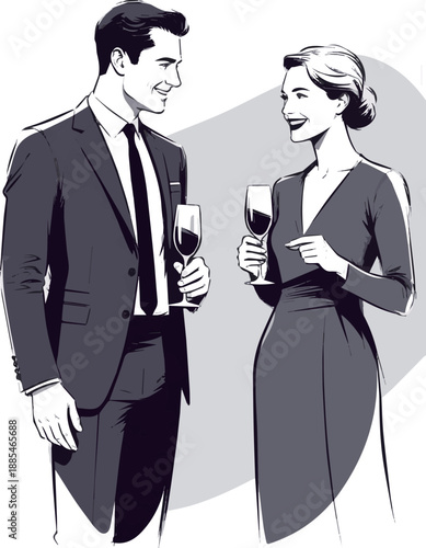 Create a realistic Elegant man and woman at a social event standing and holding wine glasses and talking and smiling vector art with white background.