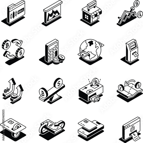 Pack of Money Management Isometric Style Icons 
