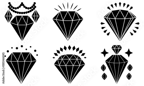 Six Black Diamond Silhouettes with Various Sparkle Effects on White Background