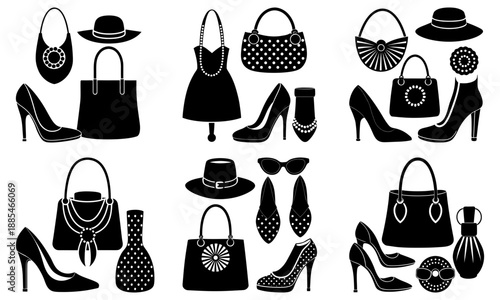 Collection of black and white fashion accessories including handbags purses shoes hats and sunglasses