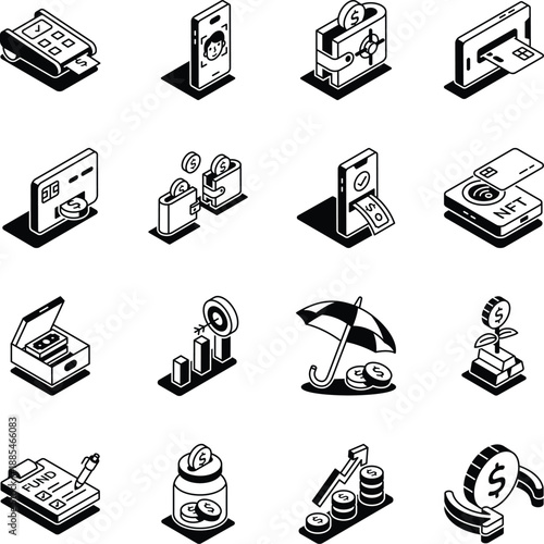 Set of Business and Finance Isometric Style Icons 