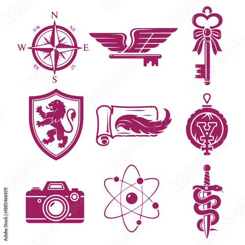 Collection of diverse purple icons featuring compass wings key shield scroll camera atom and snake symbol