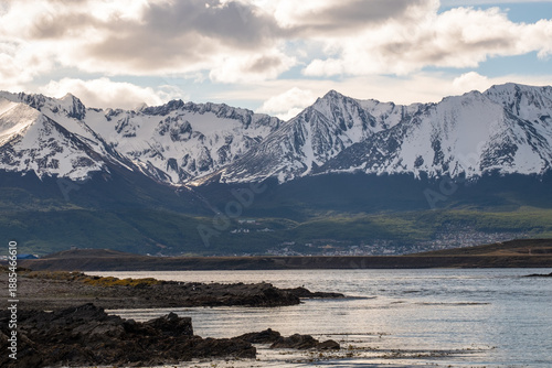 Scenic view of the Beagle Channel and Ushuaia, with the Martial Glacier and snow covered mountains
