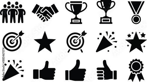 A collection of black icons representing teamwork, success, achievement, celebration, and various awards