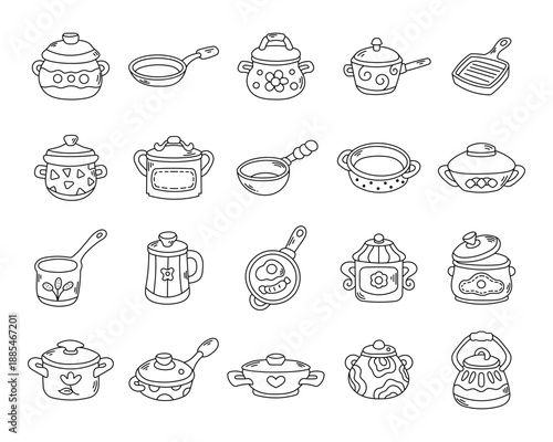 Kitchen cookware set in outline line art featuring pots grill pan saucepan storage ceramic metal utensils households for everyday home cooking