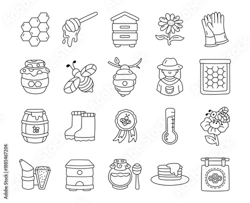 Beekeeping honey production set in outline line art featuring bees hives tools flower apiary symbols essentials harvesting process beekeeper work equipment