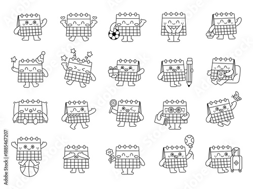 Calendar character set in outline line art featuring friendly with daily actions celebrations hobbies routines different cute emotions poses moments