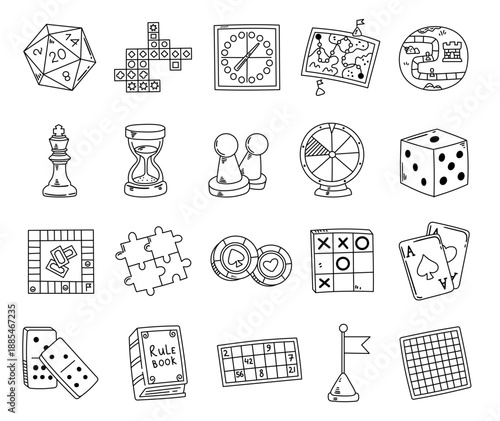 Board game set in outline line art featuring dice cards puzzles strategy elements classic tabletop entertainment chess maze tokens timer play