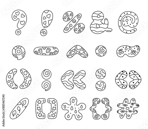 Spelling punctuation set in outline line art featuring question exclamation comma period semicolon colon brackets braces quotation marks signs typography language