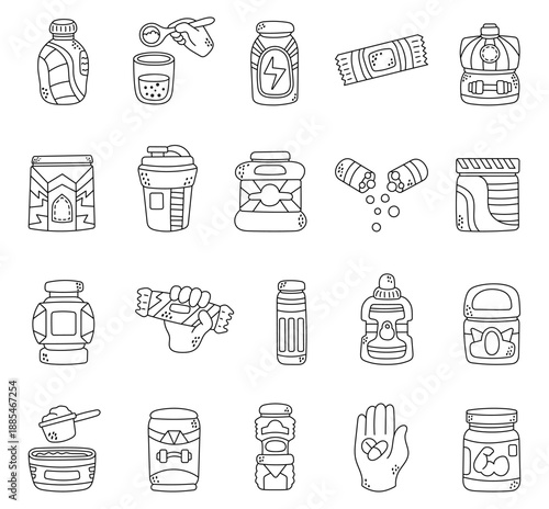 Sport supplement set outline line art featuring bottles jars capsules powders shakers bars nutrition support elements showing fitness training routines