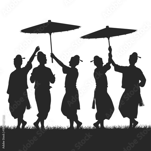 Traditional Asian Umbrella Dance Silhouette Vector Illustration Group of People Performing Folk Dance
