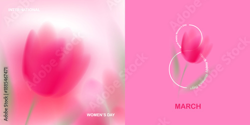 Spring floral cards set. Blurred gradient ethereal flowers. Pink macro flowers. 8 March greeting card. Spring blooming field with tulips. Square natural landscape.