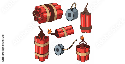 Cartoon old dynamite vector set with classic explosive sticks