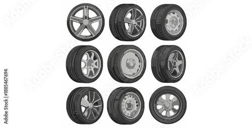 Technical realistic car wheels vector illustration set