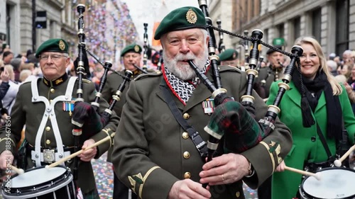 A veteran pipe band in green military uniforms marches in a festive cultural street parade, with a senior bagpiper leading the traditional music