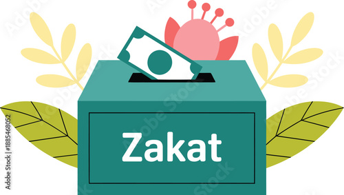 Ramadan zakat box an illustration showing a banknote being deposited into a teal donation box for islamic almsgiving surrounded by floral elements isolated on white background