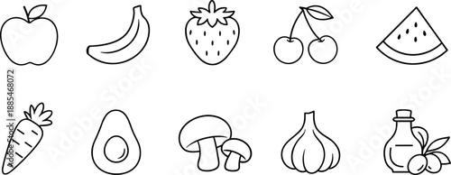 Set of black line icons representing vegetables, fruits and cooking ingredients including apple, carrot, tomato, avocado, spinach, pepper, mushroom, onion, garlic, and olive oil. Minimalist outline ic