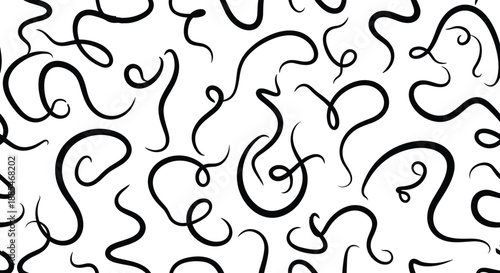Abstract black and white pattern consists of numerous hand-drawn curly and wavy lines creating a chaotic and artistic seamless texture.