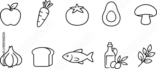 Set of black line icons representing vegetables, fruits and cooking ingredients including apple, carrot, tomato, avocado, spinach, pepper, mushroom, onion, garlic, and olive oil. Minimalist outline ic