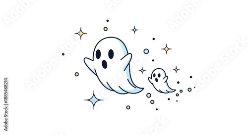 Two playful white ghosts float among a field of twinkling yellow and blue stars and bubbles on a plain white minimalist background.
