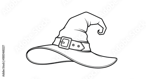 Detailed black and white line drawing illustrates a pointed witch hat featuring a wide brim and a strap with a prominent square buckle.